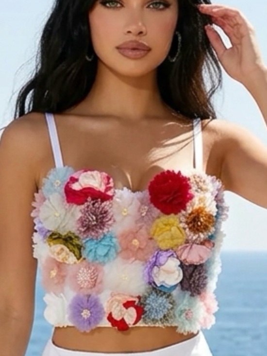Main Strip Tops - Main Strip white crop top bustier floral 3D appliqué new